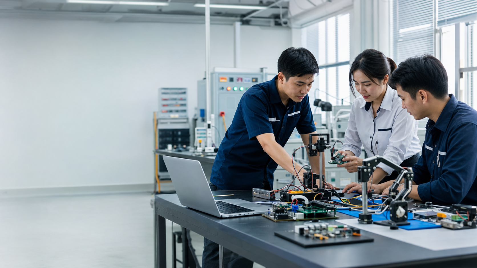 ทีมวิศวกร MECH CODE ROBOTECH กำลังตรวจต้นแบบระบบ IoT Robotics และ Embedded